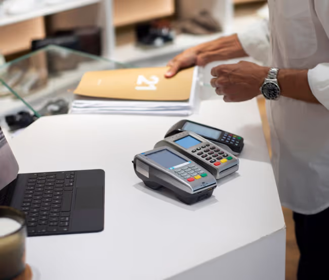 A cash register machine sitting on top of a white counter.